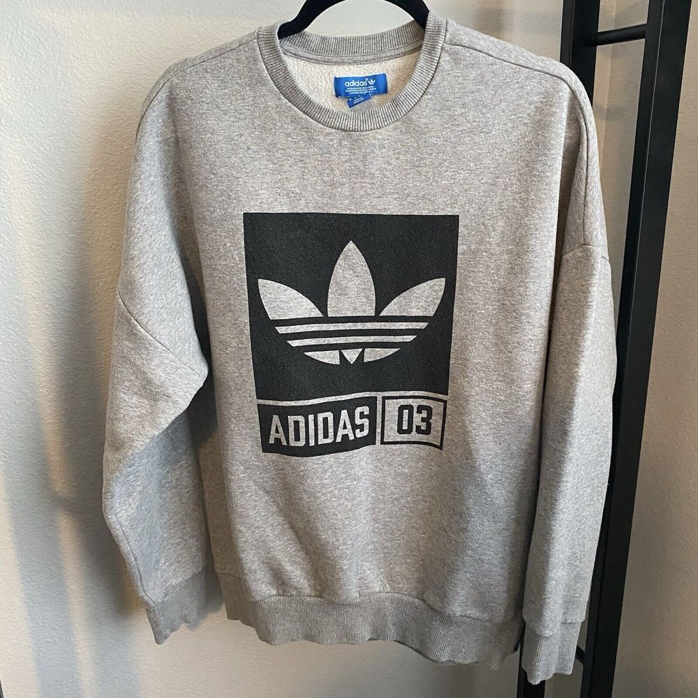 Vintage‎ Adidas Trefoil Pullover Grey Sweatshirt Drop Shoulders Side Zip Medium